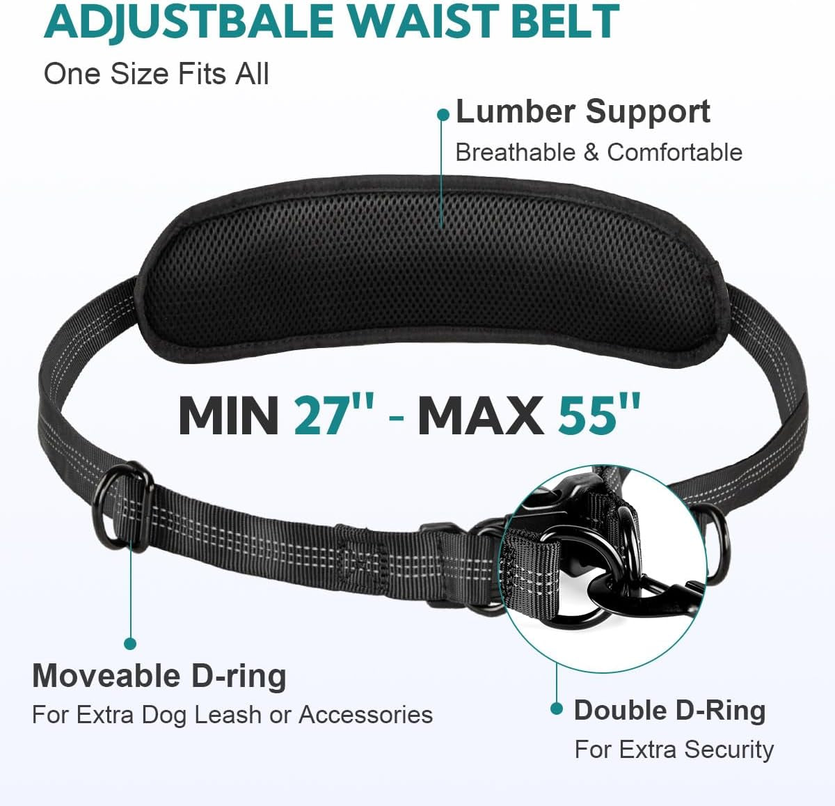 Hands Free Dog Leash, Double Dog Leash with Waist Bag, Back Brace, Double Padded Handles, Running Belt Fanny Pack with Phone, Treat, (Large, 26-120 Lbs)