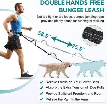 Hands Free Dog Leash, Double Dog Leash with Waist Bag, Back Brace, Double Padded Handles, Running Belt Fanny Pack with Phone, Treat, (Large, 26-120 Lbs)
