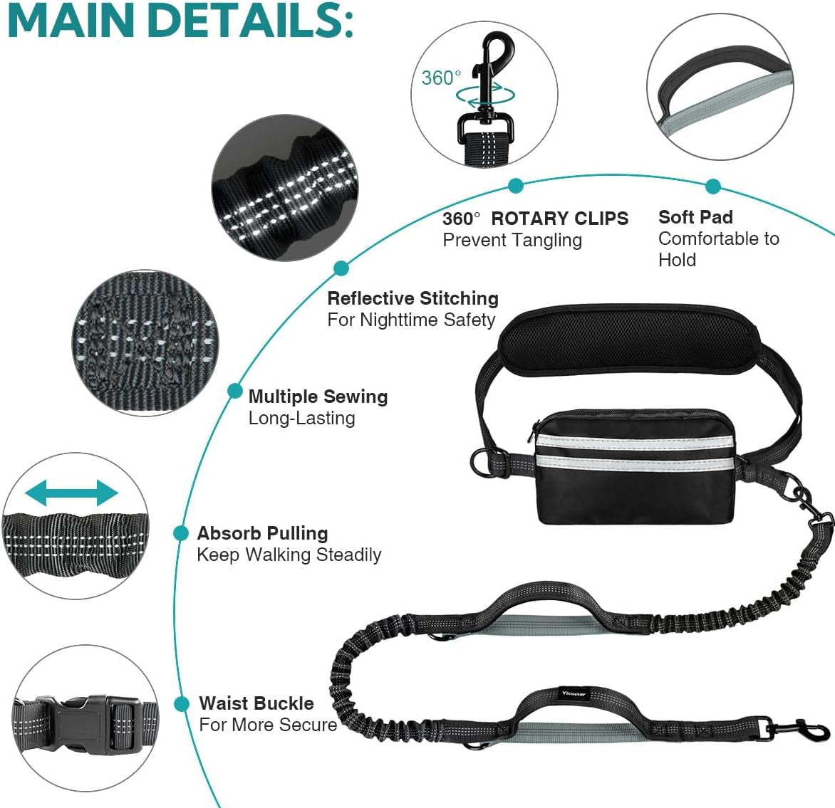 Hands Free Dog Leash, Double Dog Leash with Waist Bag, Back Brace, Double Padded Handles, Running Belt Fanny Pack with Phone, Treat, (Large, 26-120 Lbs)