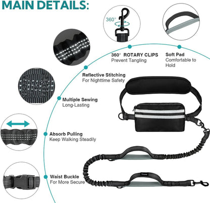 Hands Free Dog Leash, Double Dog Leash with Waist Bag, Back Brace, Double Padded Handles, Running Belt Fanny Pack with Phone, Treat, (Large, 26-120 Lbs)