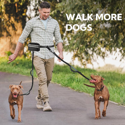 Hands Free Dog Leash, Double Dog Leash with Waist Bag, Back Brace, Double Padded Handles, Running Belt Fanny Pack with Phone, Treat, (Large, 26-120 Lbs)