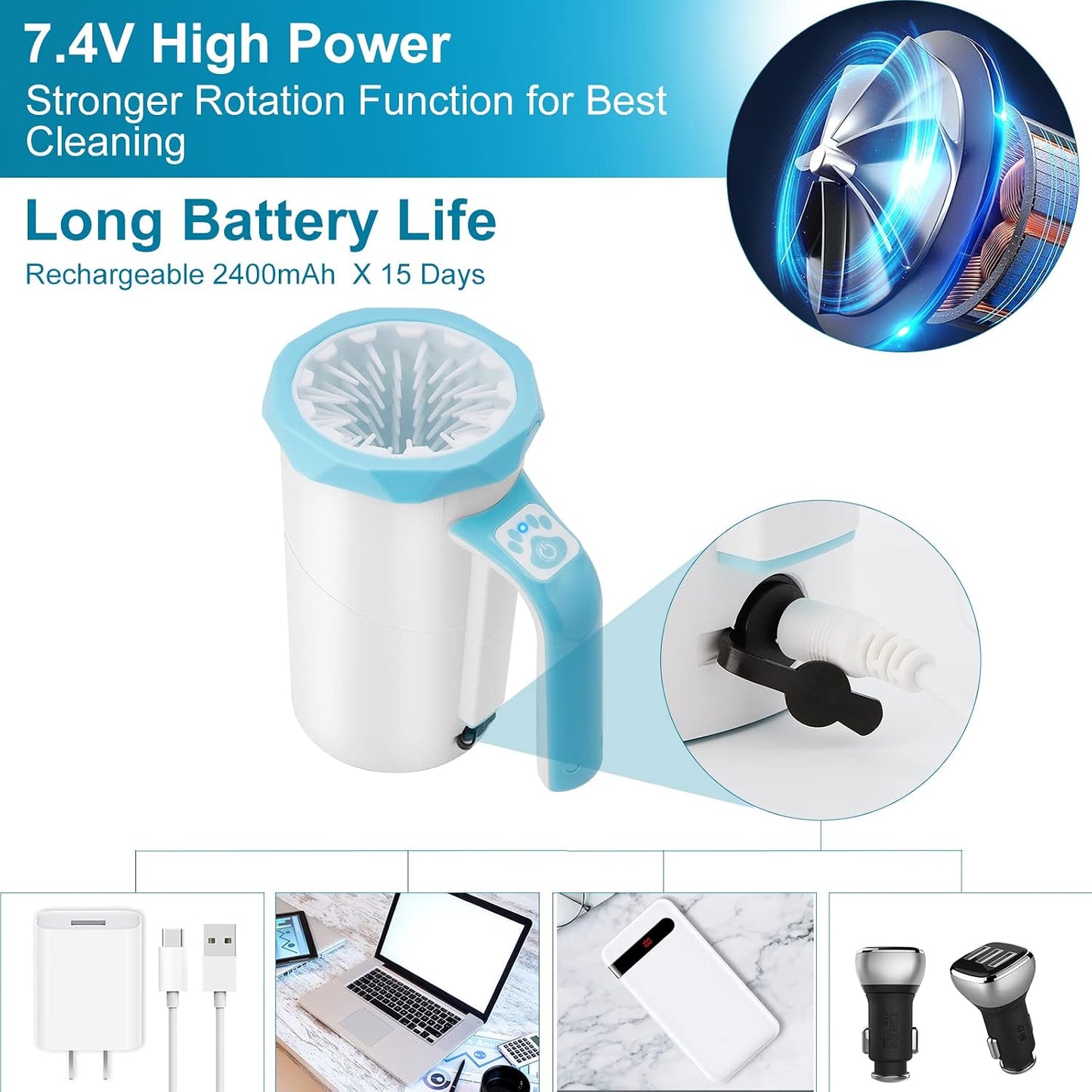 Rechargeable Automatic Pet Paw Cleaner and Washer Cup, 2-in-1 Portable Grooming Tool with Soft Silicone Brush, 7.4V High Power, Ideal for Large Dogs and Cats (Blue)
