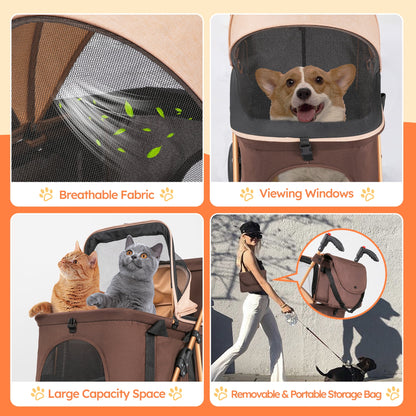 3-In-1 Pet Stroller, Foldable 4-Wheel Cat & Dog Stroller with Detachable Carrier, Canopy and Storage Basket, up to 60Lbs, Brown