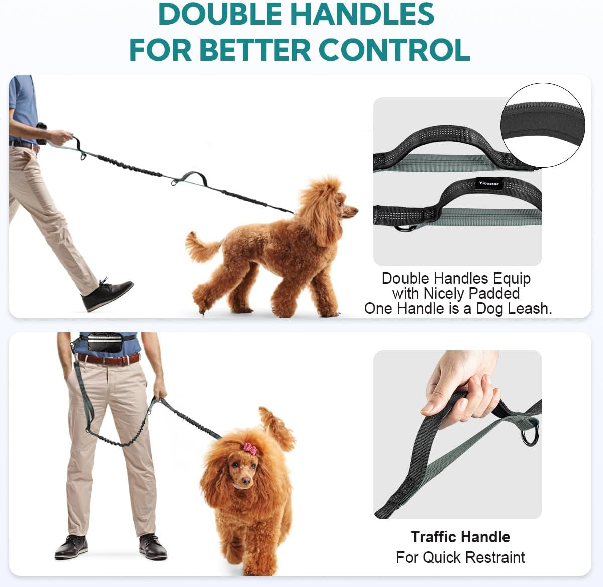Hands Free Dog Leash, Double Dog Leash with Waist Bag, Back Brace, Double Padded Handles, Running Belt Fanny Pack with Phone, Treat, (Large, 26-120 Lbs)