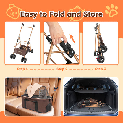 3-In-1 Pet Stroller, Foldable 4-Wheel Cat & Dog Stroller with Detachable Carrier, Canopy and Storage Basket, up to 60Lbs, Brown