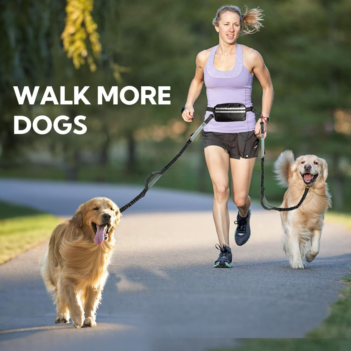 Hands Free Dog Leash, Double Dog Leash with Waist Bag, Back Brace, Double Padded Handles, Running Belt Fanny Pack with Phone, Treat, (Large, 26-120 Lbs)