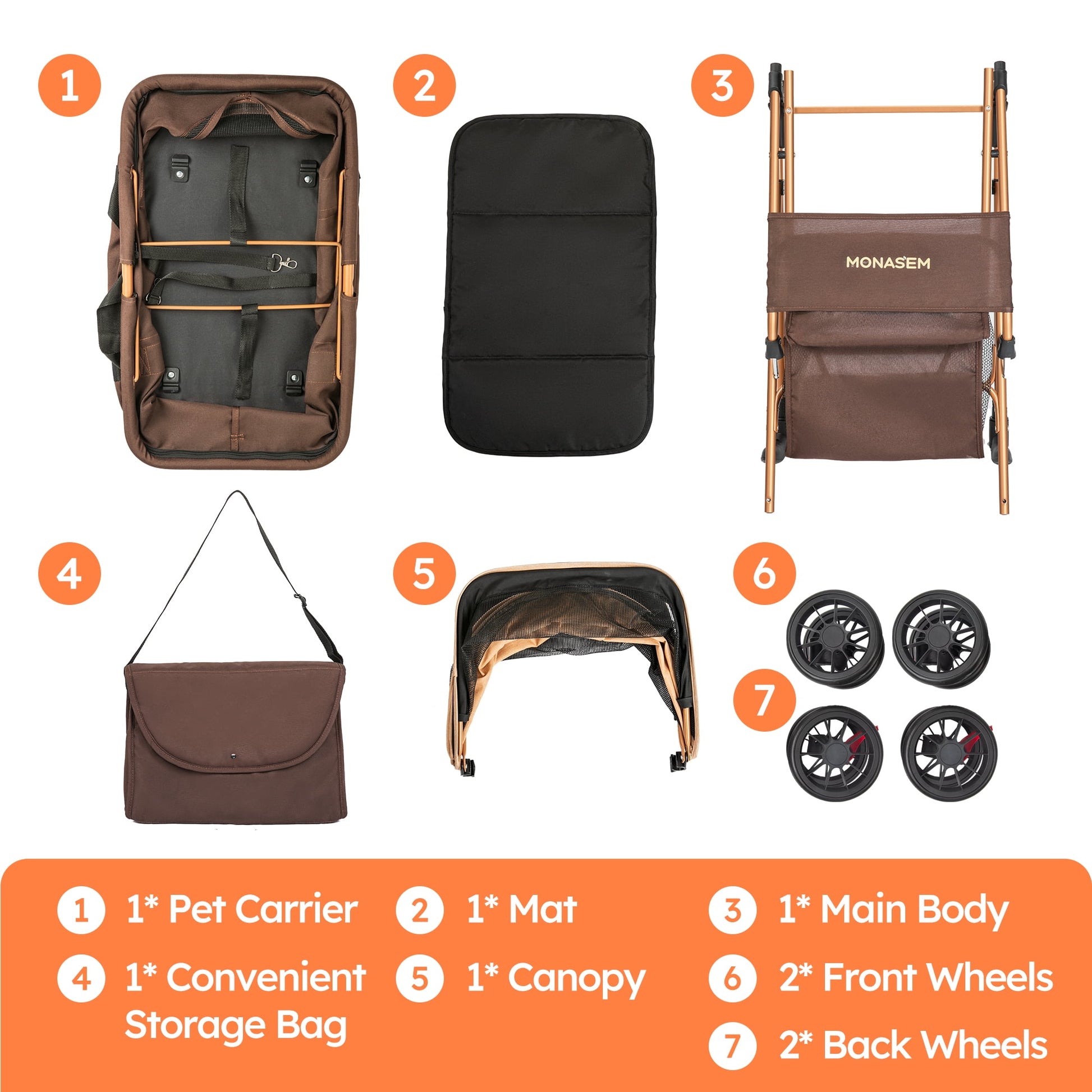 3-In-1 Pet Stroller, Foldable 4-Wheel Cat & Dog Stroller with Detachable Carrier, Canopy and Storage Basket, up to 60Lbs, Brown