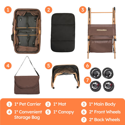 3-In-1 Pet Stroller, Foldable 4-Wheel Cat & Dog Stroller with Detachable Carrier, Canopy and Storage Basket, up to 60Lbs, Brown